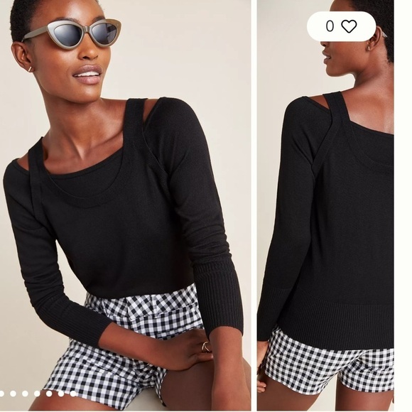 Anthropologie Black Ribbed Open Cold Shoulder Long Sleeve Knit Sweater M buttons - Picture 2 of 10